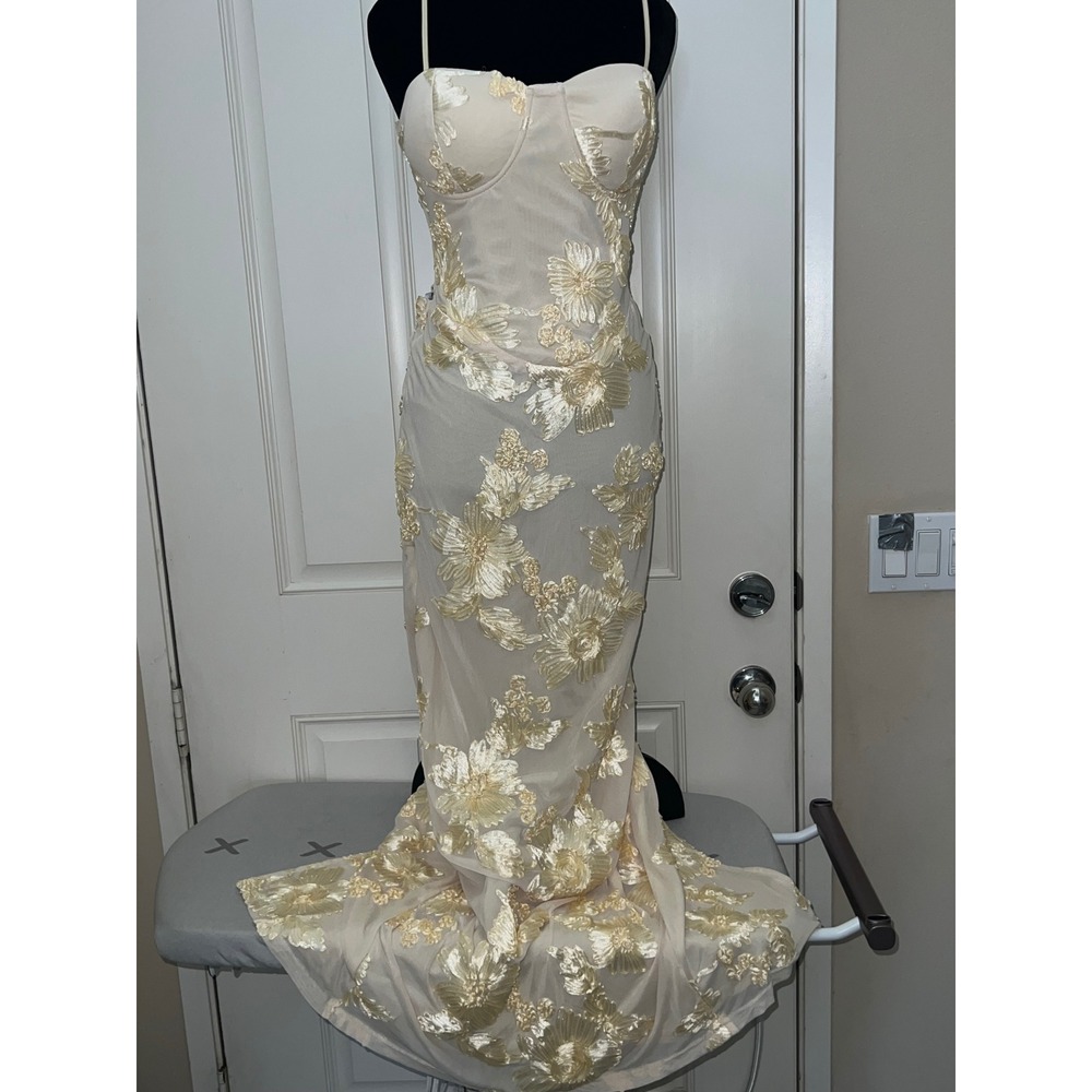 Lt Yellow Floral Embroidered Prom Formal Open Lace Up Back Formal Dress Sz Sm